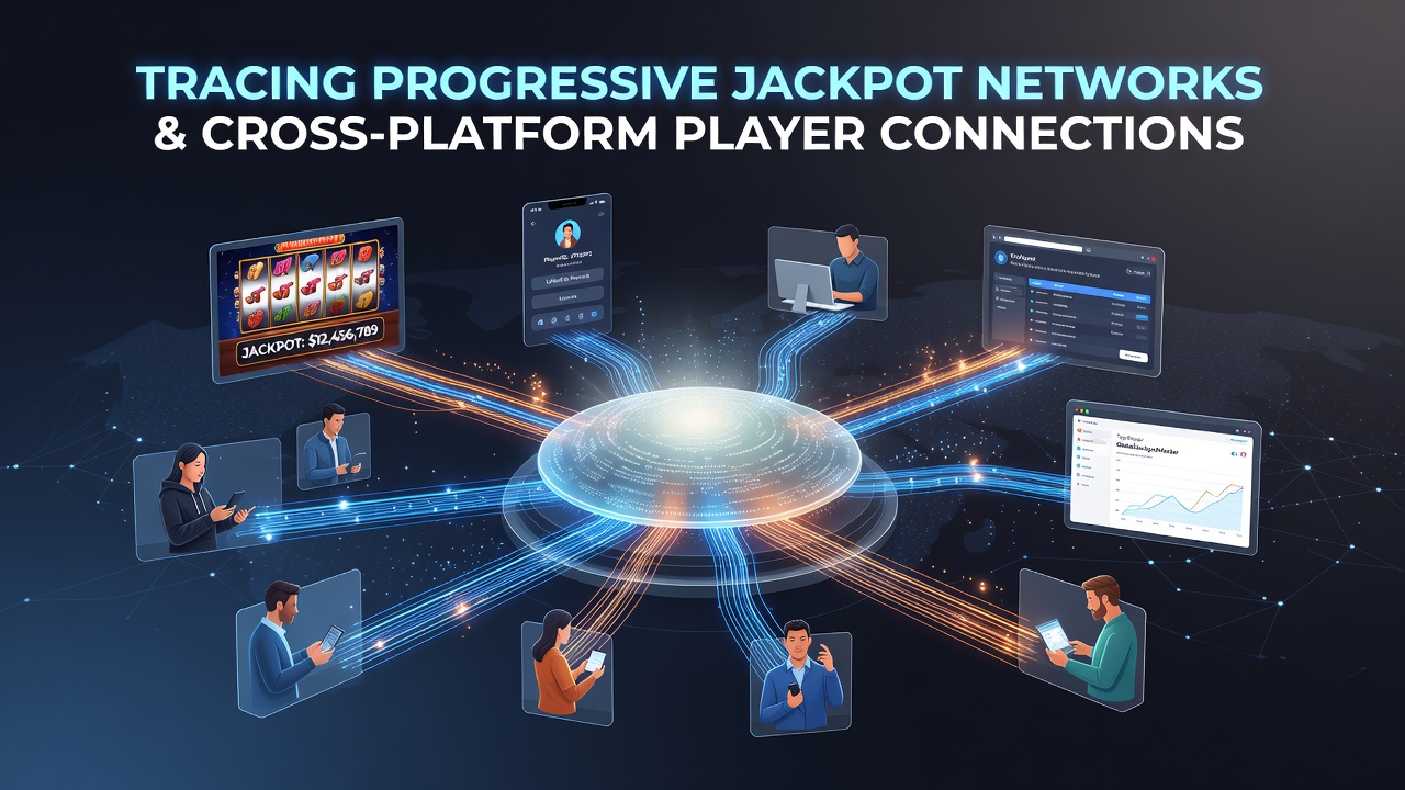 Netzwerkdiagramm progressiver Jackpots mit Verbindungen zwischen verschiedenen Casino-Plattformen