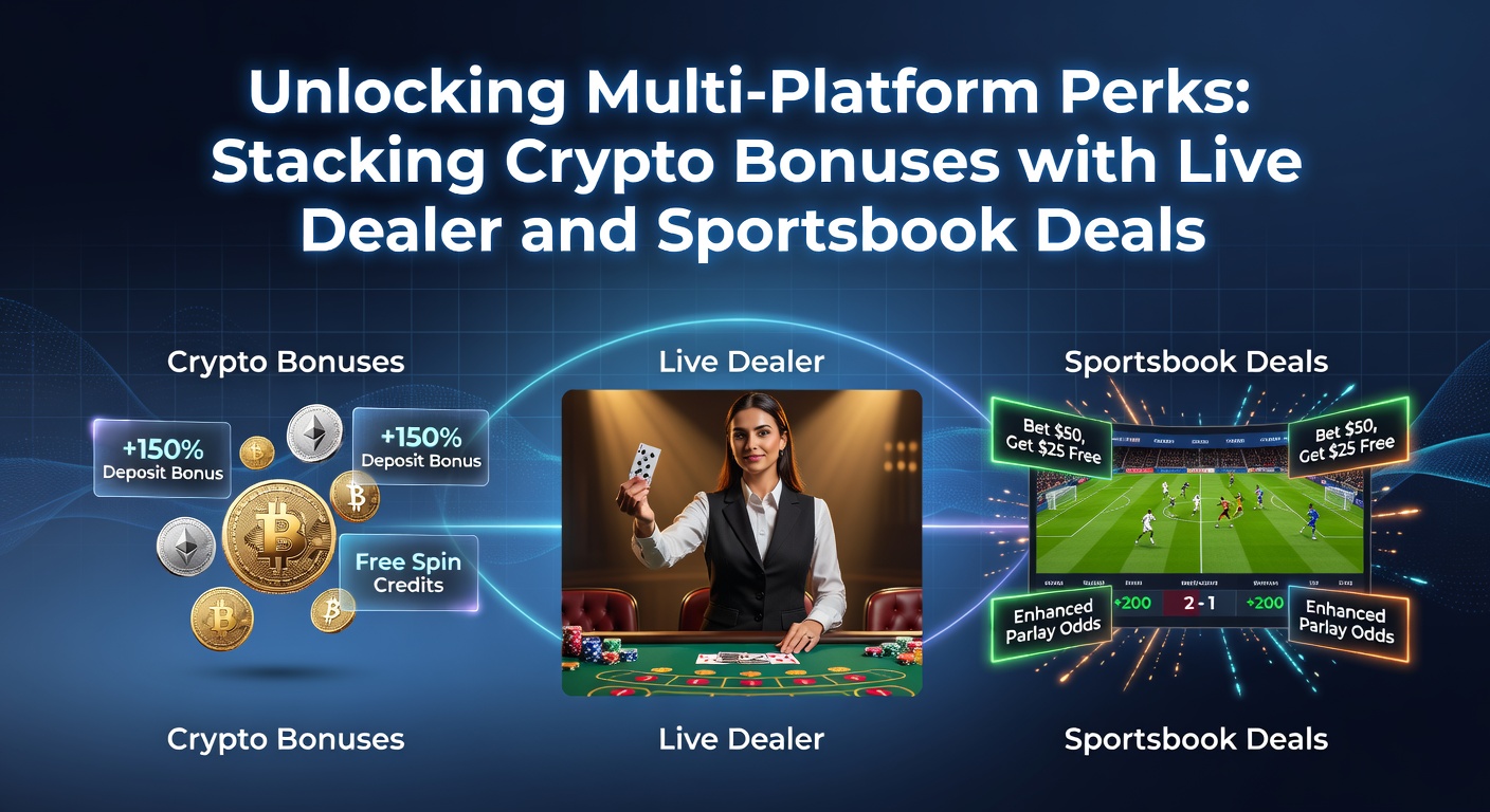 Darstellung von Kryptowährungen, Live-Dealer-Spielen und Sportwetten-Interfaces auf mehreren Plattformen, die Boni stapeln