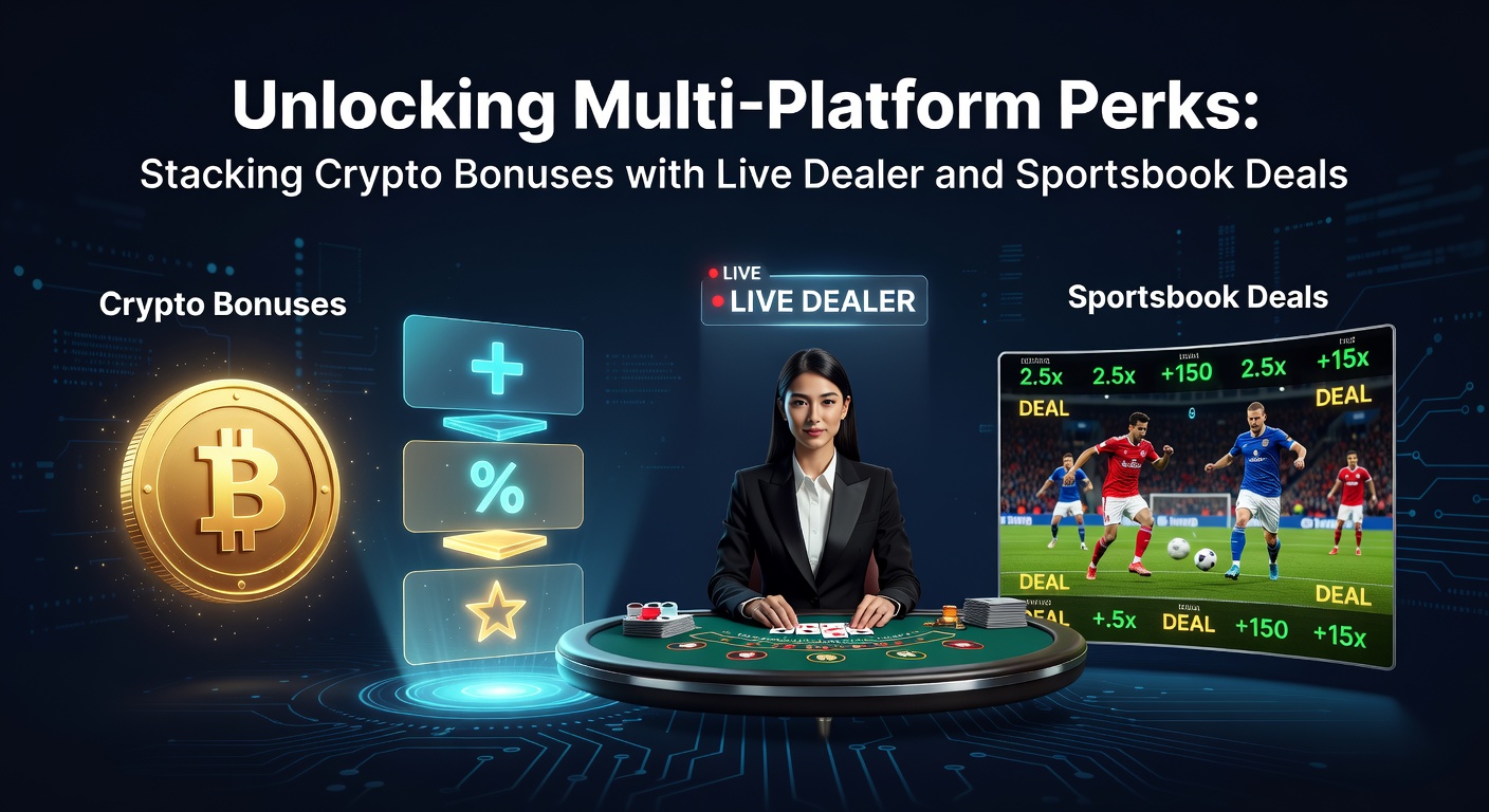 Visuelle Übersicht über gestapelte Boni: Crypto-Wallet, Live-Tisch und Sportevent-Wetten auf einem Bildschirm